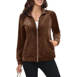 imageMAGCOMSEN Womens Velour Jackets Full Zipup Fleece Jacket 2 Zipper Pockets Lightweight Soft Casual Winter Warm CoatCoffee