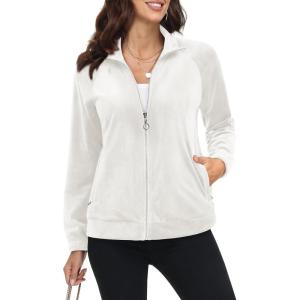 imageMAGCOMSEN Womens Velour Jackets Full Zipup Fleece Jacket 2 Zipper Pockets Lightweight Soft Casual Winter Warm CoatCream