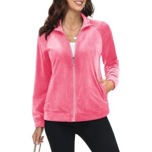 imageMAGCOMSEN Womens Velour Jackets Full Zipup Fleece Jacket 2 Zipper Pockets Lightweight Soft Casual Winter Warm CoatFluorescent Pink