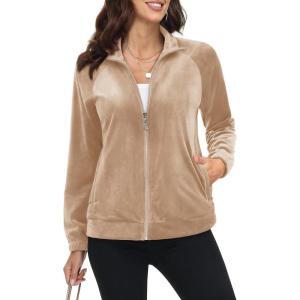 imageMAGCOMSEN Womens Velour Jackets Full Zipup Fleece Jacket 2 Zipper Pockets Lightweight Soft Casual Winter Warm CoatLight Brown