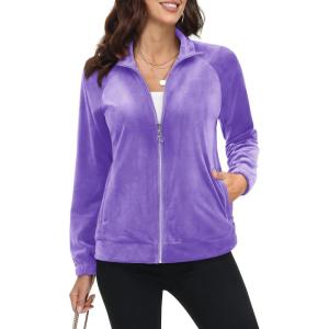 imageMAGCOMSEN Womens Velour Jackets Full Zipup Fleece Jacket 2 Zipper Pockets Lightweight Soft Casual Winter Warm CoatLight Purple