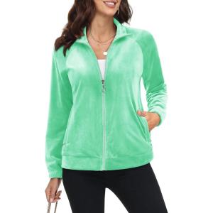 imageMAGCOMSEN Womens Velour Jackets Full Zipup Fleece Jacket 2 Zipper Pockets Lightweight Soft Casual Winter Warm CoatMint Green