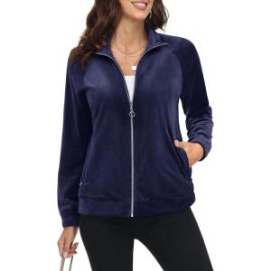 imageMAGCOMSEN Womens Velour Jackets Full Zipup Fleece Jacket 2 Zipper Pockets Lightweight Soft Casual Winter Warm CoatNavy