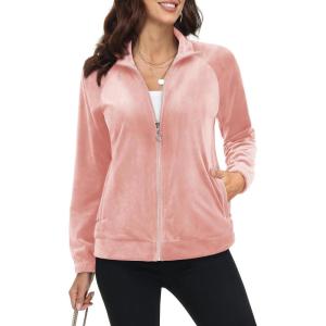 imageMAGCOMSEN Womens Velour Jackets Full Zipup Fleece Jacket 2 Zipper Pockets Lightweight Soft Casual Winter Warm CoatPink