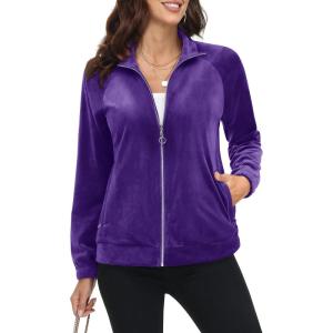 imageMAGCOMSEN Womens Velour Jackets Full Zipup Fleece Jacket 2 Zipper Pockets Lightweight Soft Casual Winter Warm CoatPurple