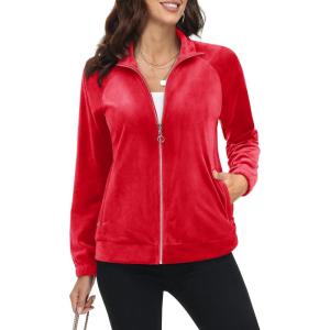 imageMAGCOMSEN Womens Velour Jackets Full Zipup Fleece Jacket 2 Zipper Pockets Lightweight Soft Casual Winter Warm CoatRed
