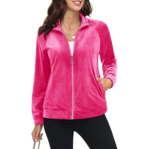 imageMAGCOMSEN Womens Velour Jackets Full Zipup Fleece Jacket 2 Zipper Pockets Lightweight Soft Casual Winter Warm CoatRose