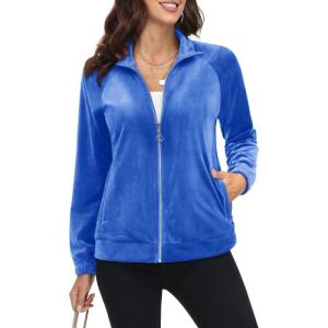 imageMAGCOMSEN Womens Velour Jackets Full Zipup Fleece Jacket 2 Zipper Pockets Lightweight Soft Casual Winter Warm CoatSea Blue
