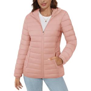 imageMAGCOMSEN Womens Hooded Puffer Jacket Lightweight Quilted Padded Coat 4 Pockets Zipup Winter Warm OuterwearApricot