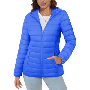 imageMAGCOMSEN Womens Hooded Puffer Jacket Lightweight Quilted Padded Coat 4 Pockets Zipup Winter Warm OuterwearAzure Blue