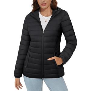 imageMAGCOMSEN Womens Hooded Puffer Jacket Lightweight Quilted Padded Coat 4 Pockets Zipup Winter Warm OuterwearBlack