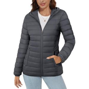 imageMAGCOMSEN Womens Hooded Puffer Jacket Lightweight Quilted Padded Coat 4 Pockets Zipup Winter Warm OuterwearDark Grey