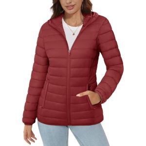 imageMAGCOMSEN Womens Hooded Puffer Jacket Lightweight Quilted Padded Coat 4 Pockets Zipup Winter Warm OuterwearDeep Orange