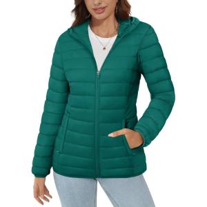 imageMAGCOMSEN Womens Hooded Puffer Jacket Lightweight Quilted Padded Coat 4 Pockets Zipup Winter Warm OuterwearEmerald Green