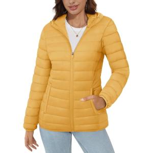 imageMAGCOMSEN Womens Hooded Puffer Jacket Lightweight Quilted Padded Coat 4 Pockets Zipup Winter Warm OuterwearGinger
