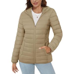 imageMAGCOMSEN Womens Hooded Puffer Jacket Lightweight Quilted Padded Coat 4 Pockets Zipup Winter Warm OuterwearKhaki
