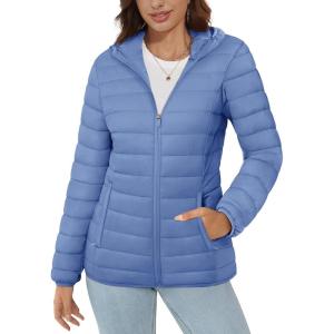 imageMAGCOMSEN Womens Hooded Puffer Jacket Lightweight Quilted Padded Coat 4 Pockets Zipup Winter Warm OuterwearLight Blue