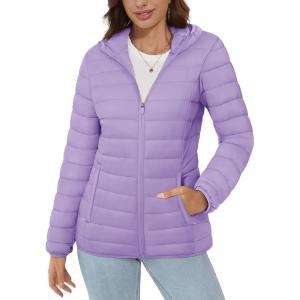 imageMAGCOMSEN Womens Hooded Puffer Jacket Lightweight Quilted Padded Coat 4 Pockets Zipup Winter Warm OuterwearLight Purple