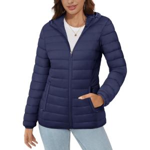 imageMAGCOMSEN Womens Hooded Puffer Jacket Lightweight Quilted Padded Coat 4 Pockets Zipup Winter Warm OuterwearNavy Blue