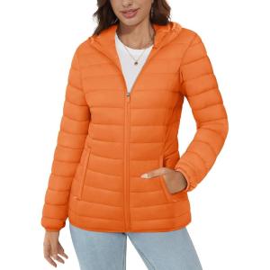 imageMAGCOMSEN Womens Hooded Puffer Jacket Lightweight Quilted Padded Coat 4 Pockets Zipup Winter Warm OuterwearOrange