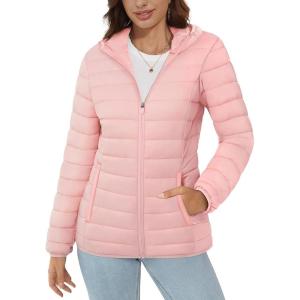 imageMAGCOMSEN Womens Hooded Puffer Jacket Lightweight Quilted Padded Coat 4 Pockets Zipup Winter Warm OuterwearPink