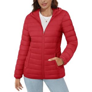 imageMAGCOMSEN Womens Hooded Puffer Jacket Lightweight Quilted Padded Coat 4 Pockets Zipup Winter Warm OuterwearTomato Red