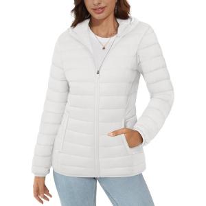 imageMAGCOMSEN Womens Hooded Puffer Jacket Lightweight Quilted Padded Coat 4 Pockets Zipup Winter Warm OuterwearWhite