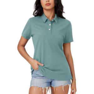 imageMAGCOMSEN Womens Polo Shirts Moisture Wicking 3 Buttons Short Sleeve Shirt Cotton Cool Casual TopsGrey Green