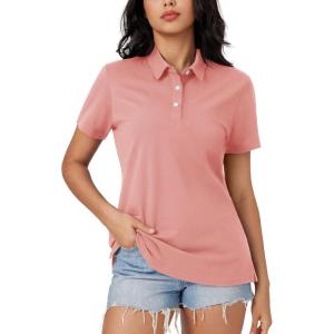 imageMAGCOMSEN Womens Polo Shirts Moisture Wicking 3 Buttons Short Sleeve Shirt Cotton Cool Casual TopsGrey Pink
