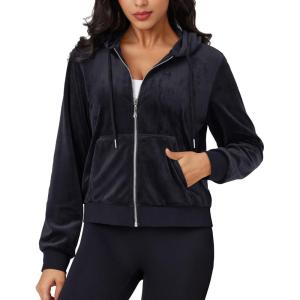 imageMAGCOMSEN Womens Velour Crop Hoodie Jacket Long Sleeve Zip Up Tops Soft Casual Velvet Jacket with PocketsBlack