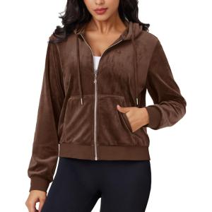 imageMAGCOMSEN Womens Velour Crop Hoodie Jacket Long Sleeve Zip Up Tops Soft Casual Velvet Jacket with PocketsCoffee