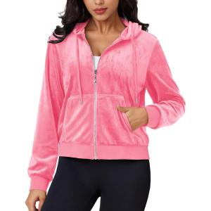 imageMAGCOMSEN Womens Velour Crop Hoodie Jacket Long Sleeve Zip Up Tops Soft Casual Velvet Jacket with PocketsFluorescent Pink