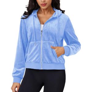 imageMAGCOMSEN Womens Velour Crop Hoodie Jacket Long Sleeve Zip Up Tops Soft Casual Velvet Jacket with PocketsLight Blue