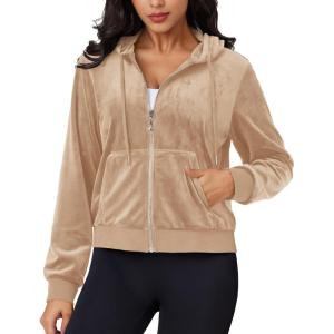 imageMAGCOMSEN Womens Velour Crop Hoodie Jacket Long Sleeve Zip Up Tops Soft Casual Velvet Jacket with PocketsLight Brown
