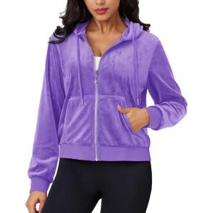 imageMAGCOMSEN Womens Velour Crop Hoodie Jacket Long Sleeve Zip Up Tops Soft Casual Velvet Jacket with PocketsLight Purple