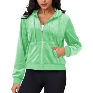 imageMAGCOMSEN Womens Velour Crop Hoodie Jacket Long Sleeve Zip Up Tops Soft Casual Velvet Jacket with PocketsMint Green