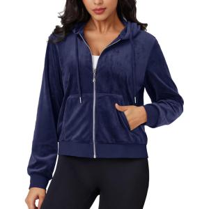 imageMAGCOMSEN Womens Velour Crop Hoodie Jacket Long Sleeve Zip Up Tops Soft Casual Velvet Jacket with PocketsNavy