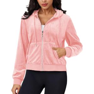 imageMAGCOMSEN Womens Velour Crop Hoodie Jacket Long Sleeve Zip Up Tops Soft Casual Velvet Jacket with PocketsPink