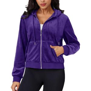 imageMAGCOMSEN Womens Velour Crop Hoodie Jacket Long Sleeve Zip Up Tops Soft Casual Velvet Jacket with PocketsPurple