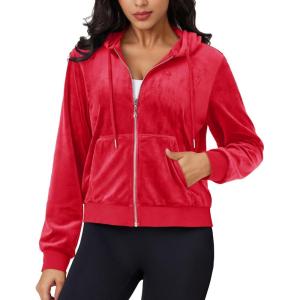 imageMAGCOMSEN Womens Velour Crop Hoodie Jacket Long Sleeve Zip Up Tops Soft Casual Velvet Jacket with PocketsRed