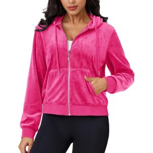 imageMAGCOMSEN Womens Velour Crop Hoodie Jacket Long Sleeve Zip Up Tops Soft Casual Velvet Jacket with PocketsRose