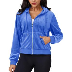 imageMAGCOMSEN Womens Velour Crop Hoodie Jacket Long Sleeve Zip Up Tops Soft Casual Velvet Jacket with PocketsSea Blue