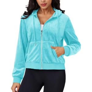 imageMAGCOMSEN Womens Velour Crop Hoodie Jacket Long Sleeve Zip Up Tops Soft Casual Velvet Jacket with PocketsWater Blue