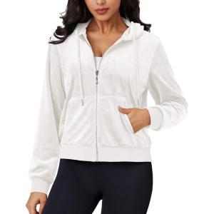 imageMAGCOMSEN Womens Velour Crop Hoodie Jacket Long Sleeve Zip Up Tops Soft Casual Velvet Jacket with PocketsWhite