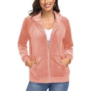 imageMAGCOMSEN Womens Velour Hooded Jacket Long Sleeve Full Zip Outerwear Soft Warm Velvet Jacket with Side PocketsApricot