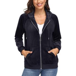 imageMAGCOMSEN Womens Velour Hooded Jacket Long Sleeve Full Zip Outerwear Soft Warm Velvet Jacket with Side PocketsBlack