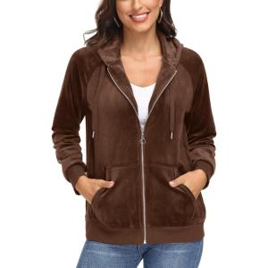 imageMAGCOMSEN Womens Velour Hooded Jacket Long Sleeve Full Zip Outerwear Soft Warm Velvet Jacket with Side PocketsCoffee