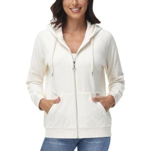 imageMAGCOMSEN Womens Velour Hooded Jacket Long Sleeve Full Zip Outerwear Soft Warm Velvet Jacket with Side PocketsCream