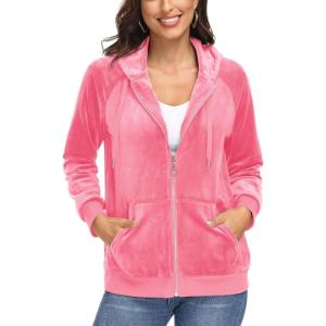 imageMAGCOMSEN Womens Velour Hooded Jacket Long Sleeve Full Zip Outerwear Soft Warm Velvet Jacket with Side PocketsFluorescent Pink