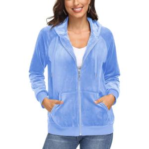imageMAGCOMSEN Womens Velour Hooded Jacket Long Sleeve Full Zip Outerwear Soft Warm Velvet Jacket with Side PocketsLight Blue